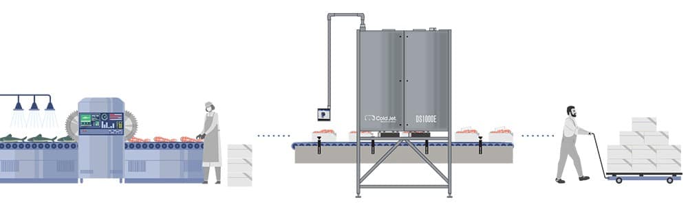 Eine technische Zeichnung zeigt einen Produktionsprozess in einer Fischverarbeitungsanlage. Links wird Lachs gewaschen und geschnitten. In der Mitte des Bildes fährt ein Förderband eine Reihe von weißen Kartons unter einer Cold Jet Trockeneis-Dosieranlage (Modell DS1000E) hindurch. Rechts schiebt ein Arbeiter einen Wagen mit gestapelten weißen Kartons, die für den Versand bereitstehen.